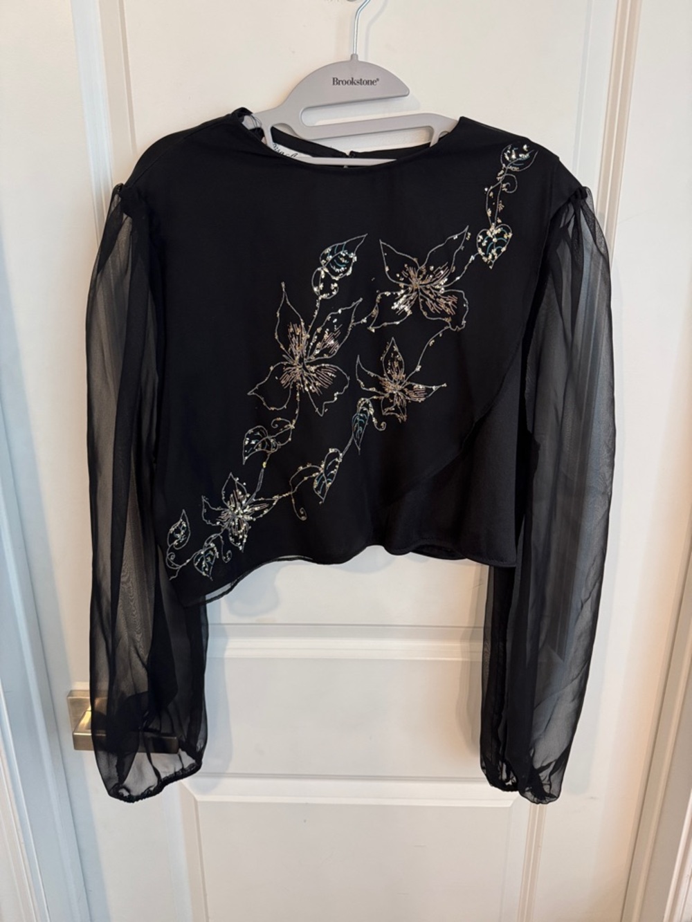 Black Sheer-Sleeve Floral Sequin Blouse